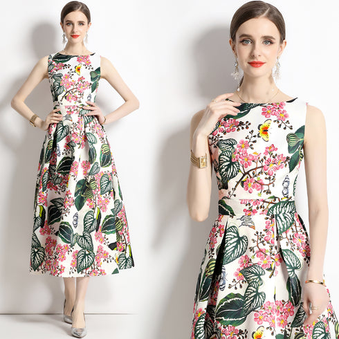 Enthralling & Captivating Vintage Floral Printed Flared, A-Line Formal, Cocktail, Wedding Guest, Party Quinceanera Dress